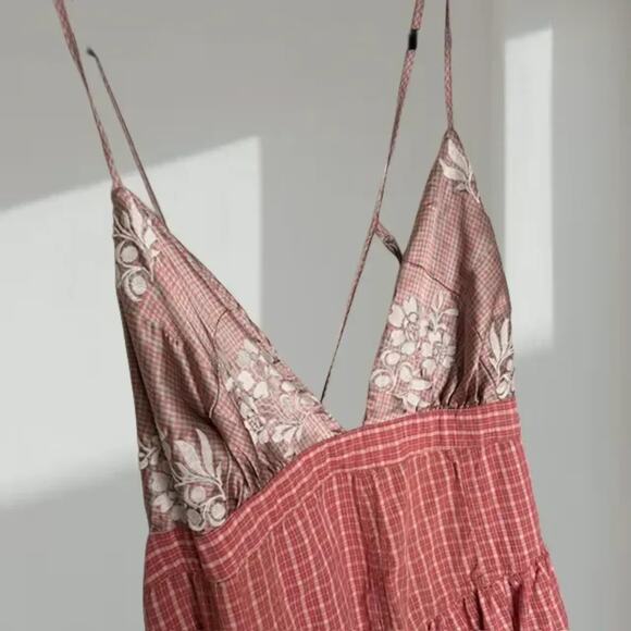 Free People High-Low Tiered Maxi Dress – Pink Plaid Floral (Women’s M) - Picture 3 of 9